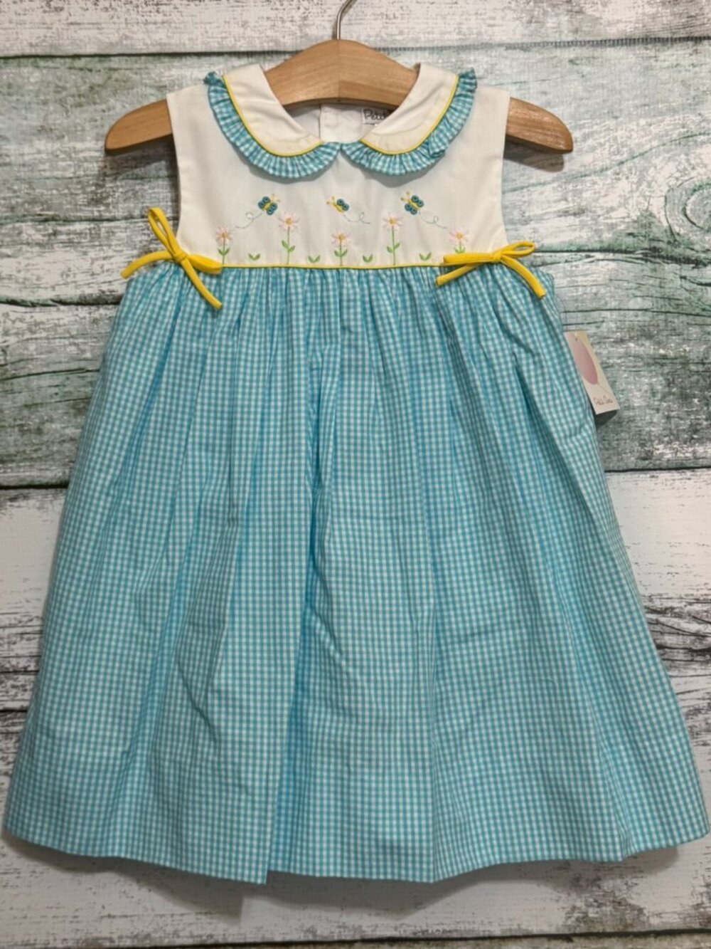 Petit Ami Turquoise Gingham Butterfly Embroidered Sundress & Bloomers 18 Months